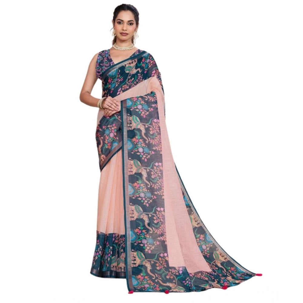 Seduva Women's Linen Floral Printed Saree With Unstitched Blouse 5.5Mtr (Peach Pink)