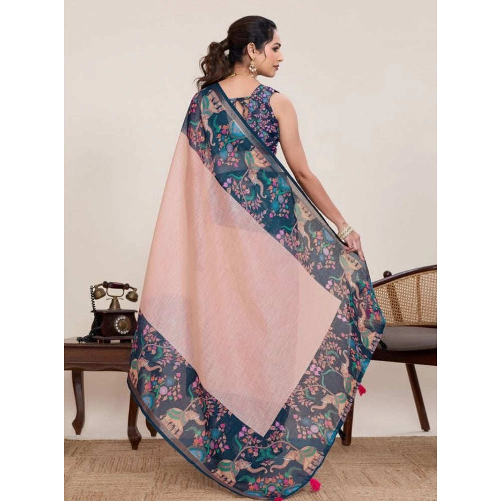 Seduva Women's Linen Floral Printed Saree With Unstitched Blouse 5.5Mtr (Peach Pink)