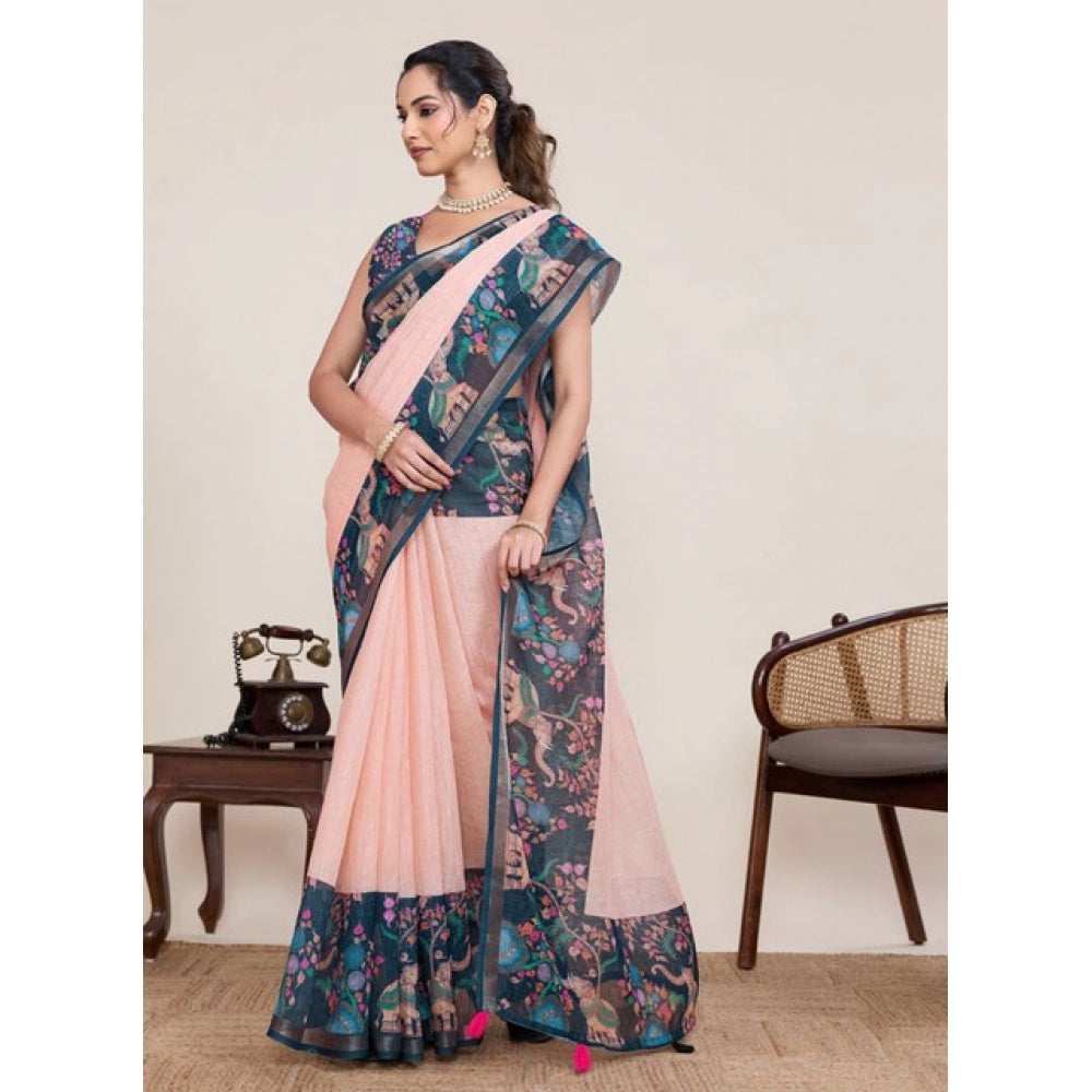 Seduva Women's Linen Floral Printed Saree With Unstitched Blouse 5.5Mtr (Peach Pink)