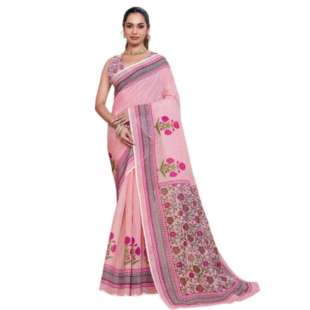 Seduva Women's Linen Floral Printed Saree With Unstitched Blouse 5.5Mtr (Pink)