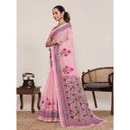 Seduva Women's Linen Floral Printed Saree With Unstitched Blouse 5.5Mtr (Pink)