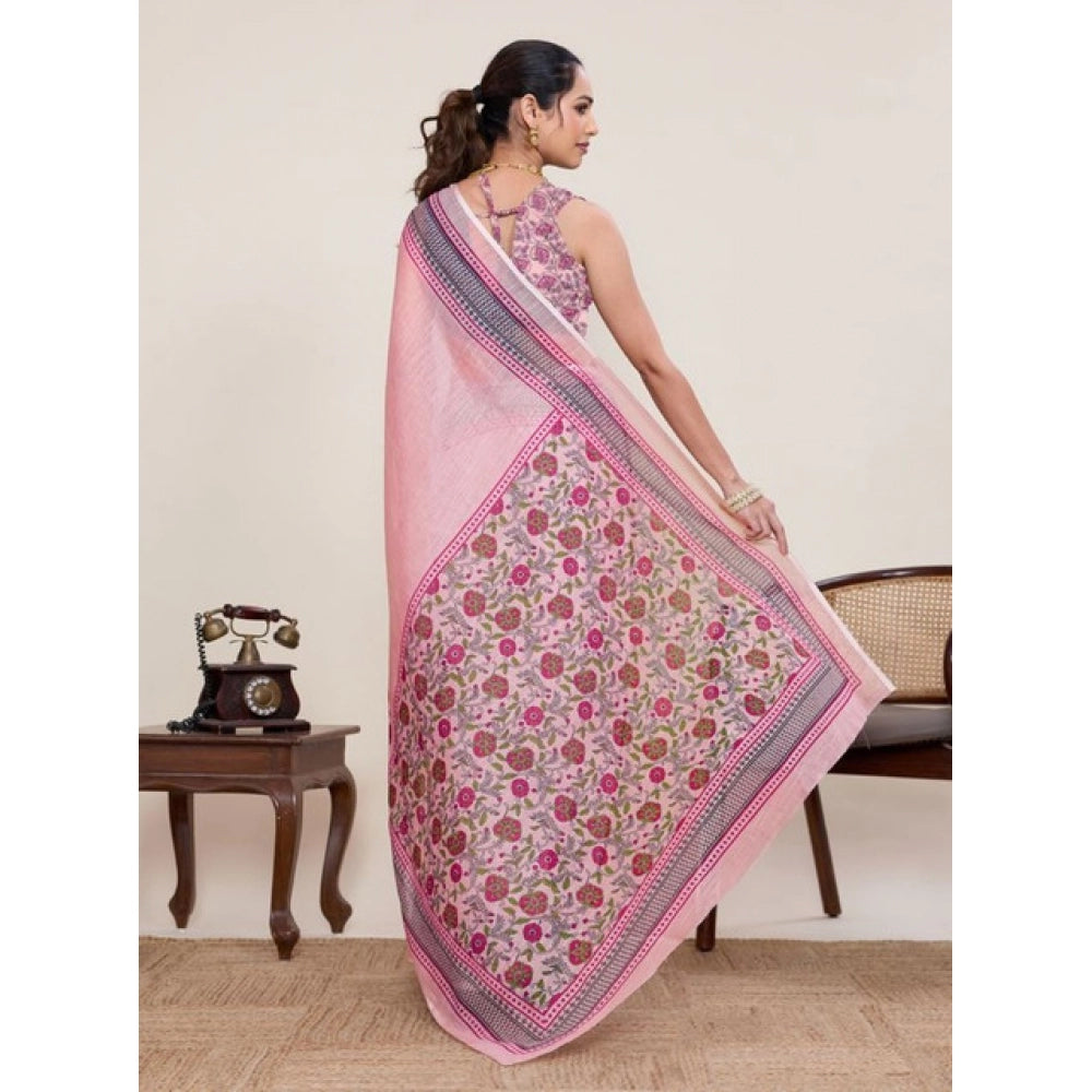 Seduva Women's Linen Floral Printed Saree With Unstitched Blouse 5.5Mtr (Pink)