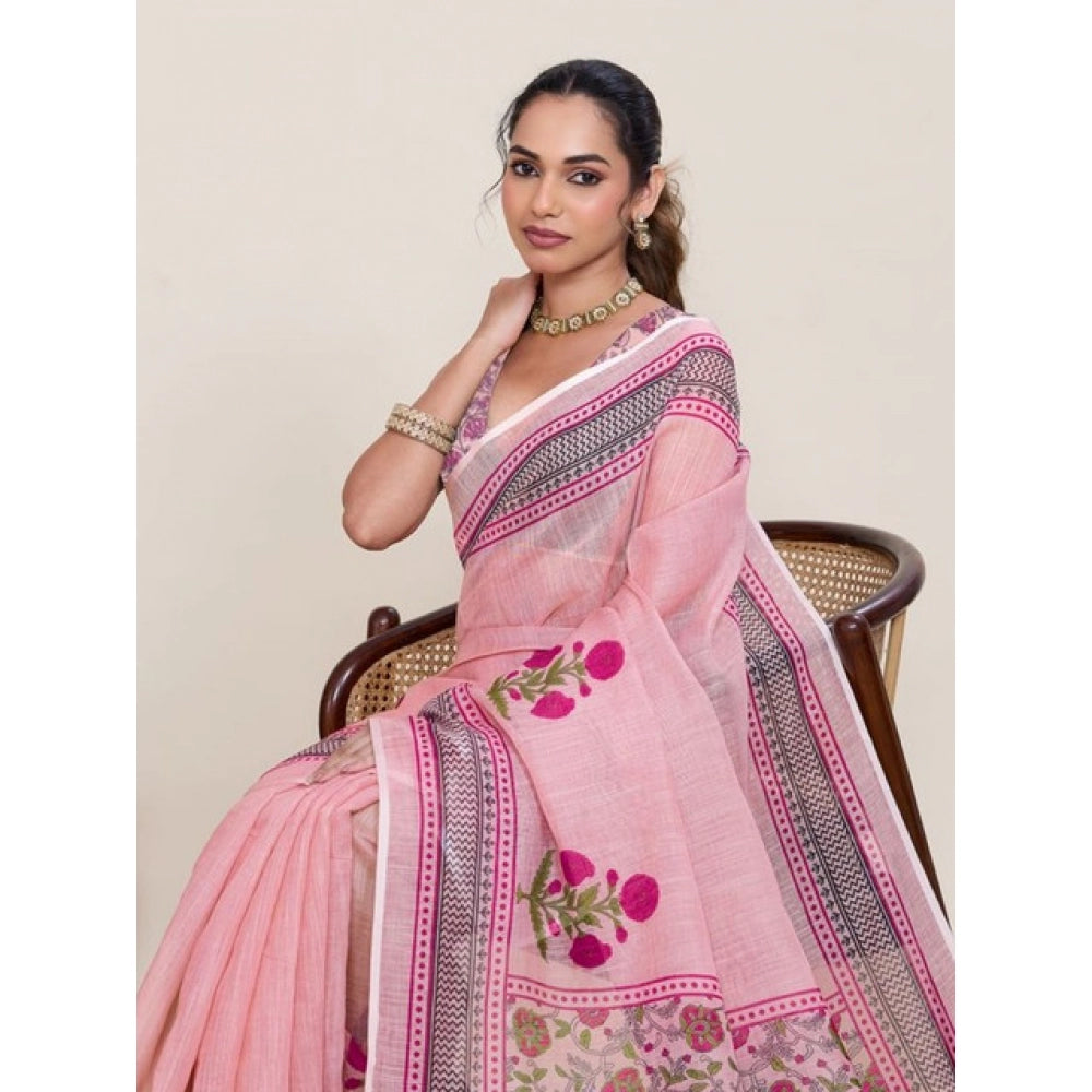 Seduva Women's Linen Floral Printed Saree With Unstitched Blouse 5.5Mtr (Pink)