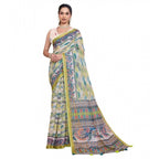 Seduva Women's Linen Floral Printed Saree With Unstitched Blouse 5.5Mtr (Pista Green)