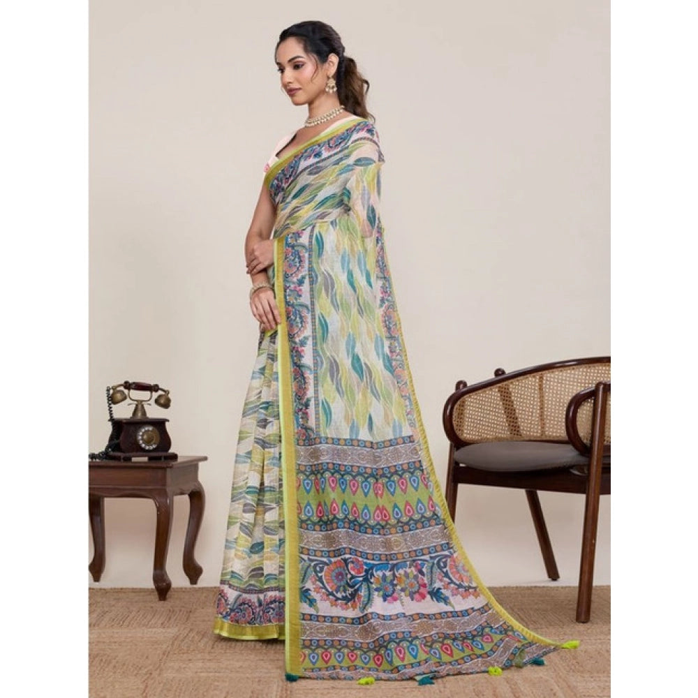 Seduva Women's Linen Floral Printed Saree With Unstitched Blouse 5.5Mtr (Pista Green)