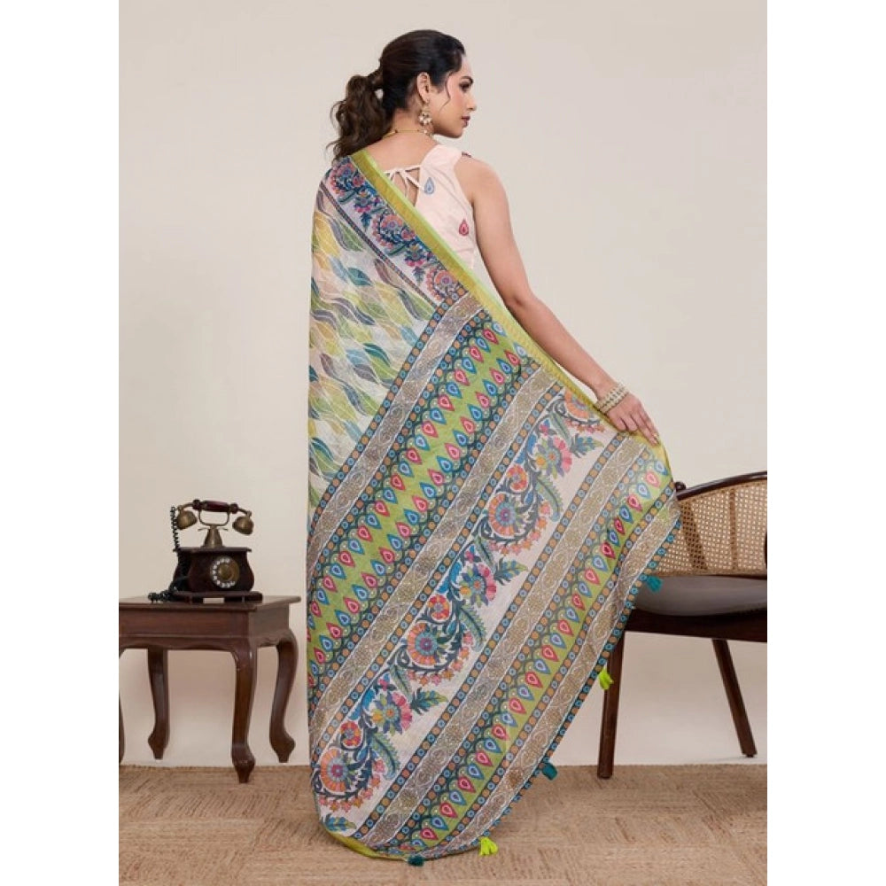 Seduva Women's Linen Floral Printed Saree With Unstitched Blouse 5.5Mtr (Pista Green)