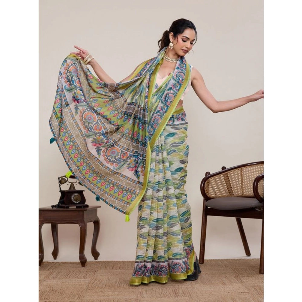 Seduva Women's Linen Floral Printed Saree With Unstitched Blouse 5.5Mtr (Pista Green)