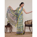 Seduva Women's Linen Floral Printed Saree With Unstitched Blouse 5.5Mtr (Pista Green)