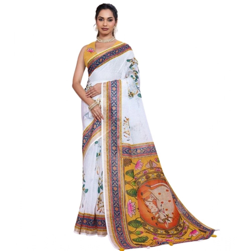 Seduva Women's Linen Floral Printed Saree With Unstitched Blouse 5.5Mtr (White)