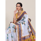 Seduva Women's Linen Floral Printed Saree With Unstitched Blouse 5.5Mtr (White)