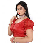 Seduva Women's Jimmy Solid Designer Neck Elastic Sleeve Readymade Blouse (Red 38 , Alterable up to 42)-PID65834