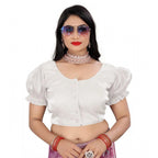 Seduva Women's Jimmy Solid Designer Neck Elastic Sleeve Readymade Blouse (White 38 , Alterable up to 42)-PID65836