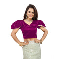 Seduva Women's Jimmy Solid V Neck Puff Sleeve Readymade Blouse (Purple 38 , Alterable up to 42)-PID65843