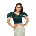 Seduva Women's Jimmy Solid V Neck Puff Sleeve Readymade Blouse (Teal 38 , Alterable up to 42)-PID65845