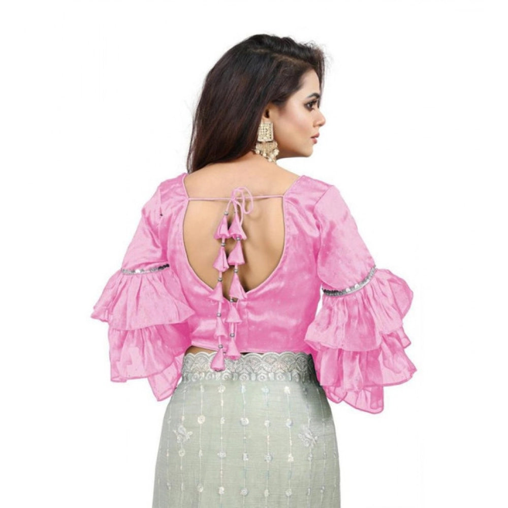 Seduva Women's Organza Solid V Neck Layered Ruffle Sleeve Readymade Blouse (Light_Pink Free Size , up to 38–40 Bust)-PID65846