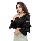 Seduva Women's Organza Solid V Neck Layered Ruffle Sleeve Readymade Blouse (Black Free Size , up to 38–40 Bust)-PID65848