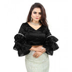 Seduva Women's Organza Solid V Neck Layered Ruffle Sleeve Readymade Blouse (Black Free Size , up to 38–40 Bust)-PID65848