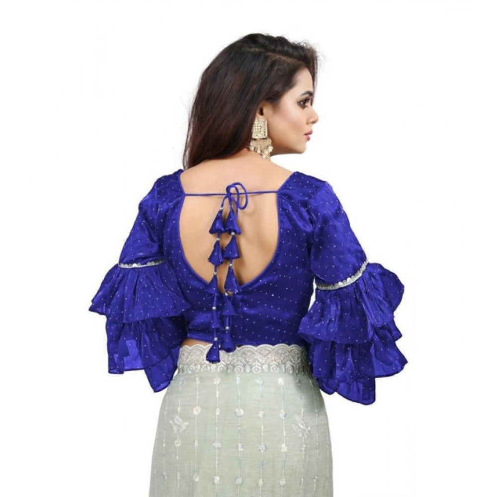 Seduva Women's Organza Solid V Neck Layered Ruffle Sleeve Readymade Blouse (Blue Free Size , up to 38–40 Bust)-PID65849