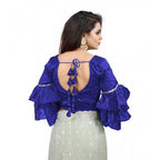 Seduva Women's Organza Solid V Neck Layered Ruffle Sleeve Readymade Blouse (Blue Free Size , up to 38–40 Bust)-PID65849