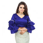 Seduva Women's Organza Solid V Neck Layered Ruffle Sleeve Readymade Blouse (Blue Free Size , up to 38–40 Bust)-PID65849