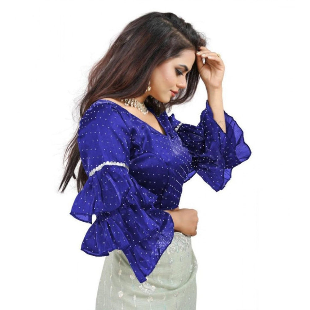 Seduva Women's Organza Solid V Neck Layered Ruffle Sleeve Readymade Blouse (Blue Free Size , up to 38–40 Bust)-PID65849