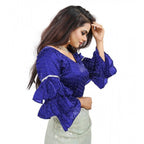 Seduva Women's Organza Solid V Neck Layered Ruffle Sleeve Readymade Blouse (Blue Free Size , up to 38–40 Bust)-PID65849