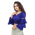 Seduva Women's Organza Solid V Neck Layered Ruffle Sleeve Readymade Blouse (Blue Free Size , up to 38–40 Bust)-PID65849
