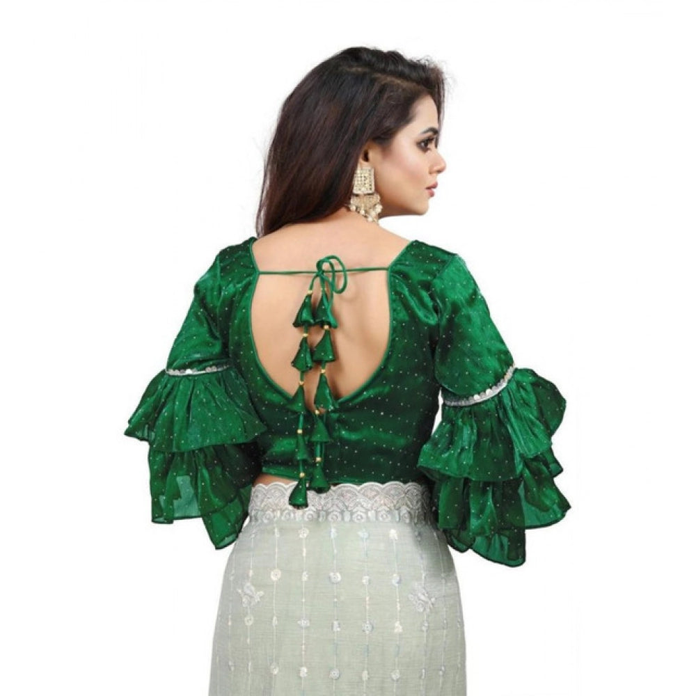 Seduva Women's Organza Solid V Neck Layered Ruffle Sleeve Readymade Blouse (Green Free Size , up to 38–40 Bust)-PID65850