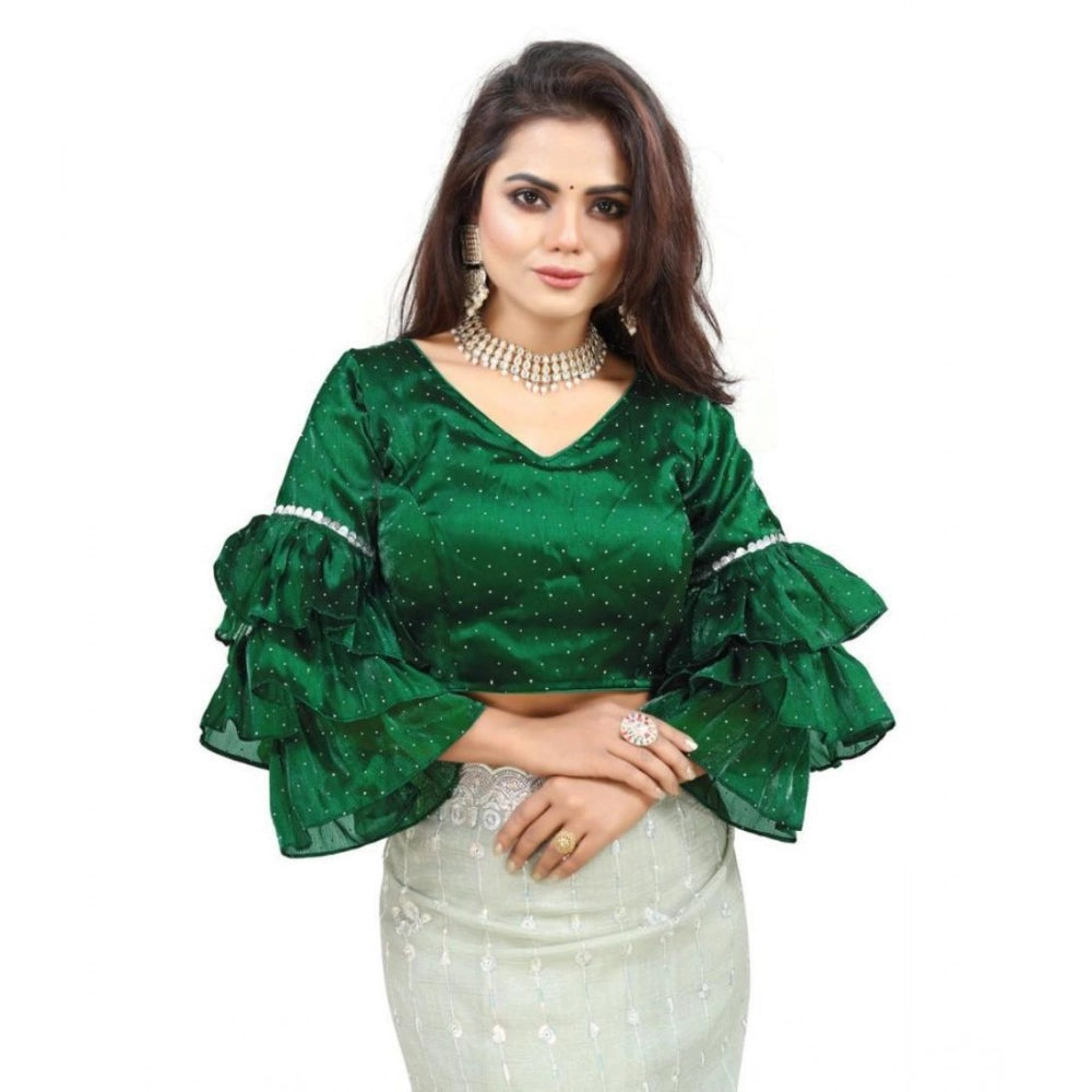 Seduva Women's Organza Solid V Neck Layered Ruffle Sleeve Readymade Blouse (Green Free Size , up to 38–40 Bust)-PID65850