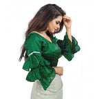Seduva Women's Organza Solid V Neck Layered Ruffle Sleeve Readymade Blouse (Green Free Size , up to 38–40 Bust)-PID65850