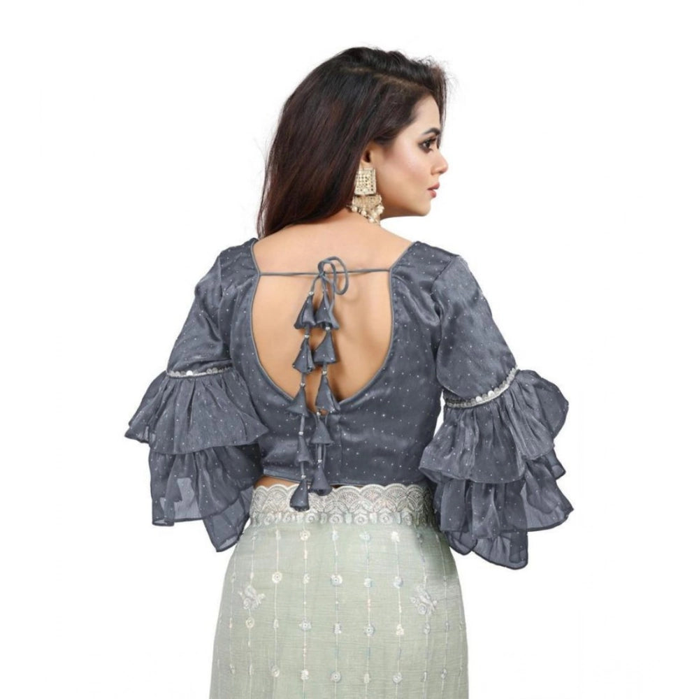Seduva Women's Organza Solid V Neck Layered Ruffle Sleeve Readymade Blouse (Grey Free Size , up to 38–40 Bust)-PID65851