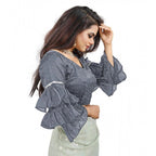 Seduva Women's Organza Solid V Neck Layered Ruffle Sleeve Readymade Blouse (Grey Free Size , up to 38–40 Bust)-PID65851