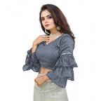 Seduva Women's Organza Solid V Neck Layered Ruffle Sleeve Readymade Blouse (Grey Free Size , up to 38–40 Bust)-PID65851