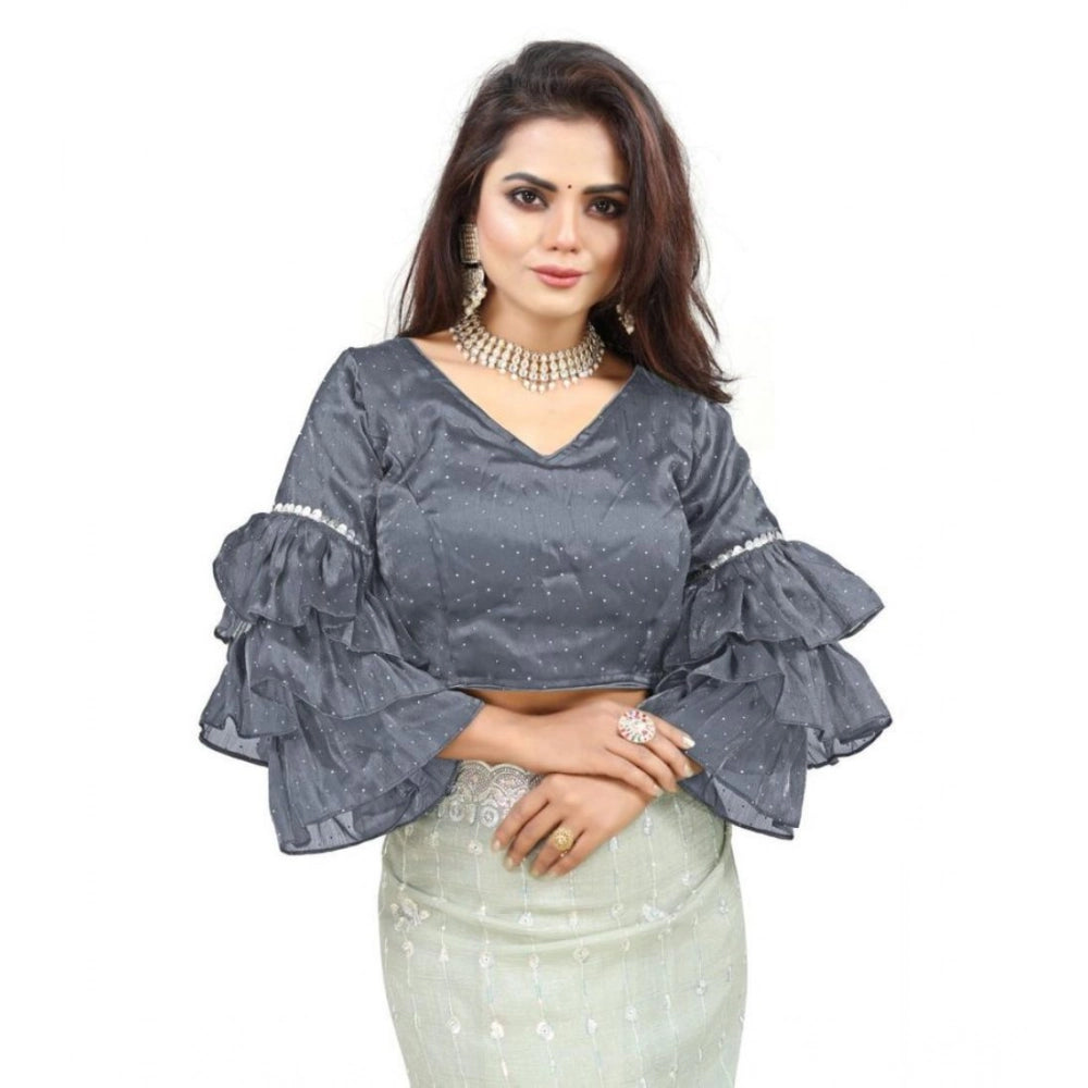 Seduva Women's Organza Solid V Neck Layered Ruffle Sleeve Readymade Blouse (Grey Free Size , up to 38–40 Bust)-PID65851