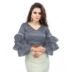 Seduva Women's Organza Solid V Neck Layered Ruffle Sleeve Readymade Blouse (Grey Free Size , up to 38–40 Bust)-PID65851