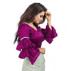 Seduva Women's Organza Solid V Neck Layered Ruffle Sleeve Readymade Blouse (Magenta Free Size , up to 38–40 Bust)-PID65853