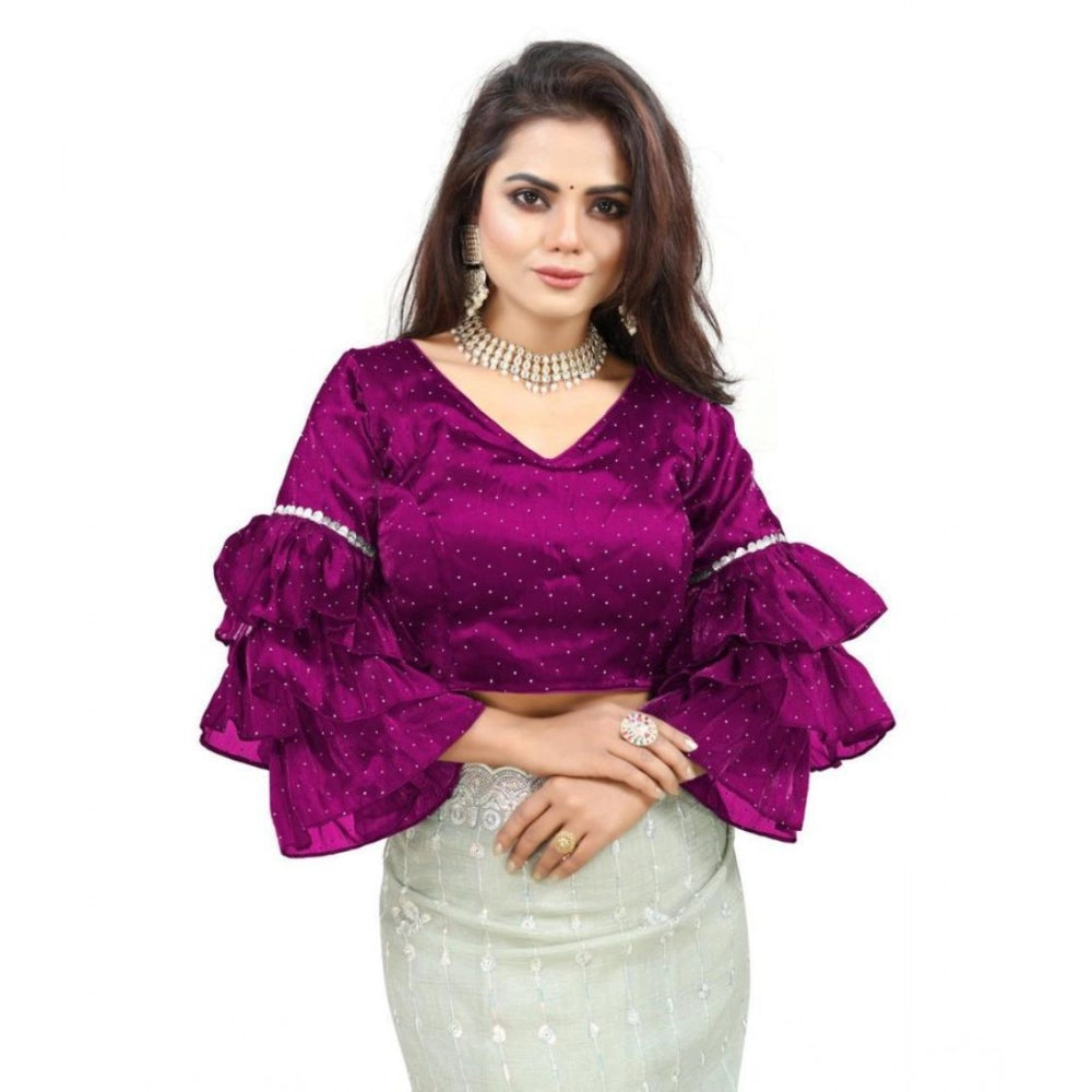 Seduva Women's Organza Solid V Neck Layered Ruffle Sleeve Readymade Blouse (Magenta Free Size , up to 38–40 Bust)-PID65853