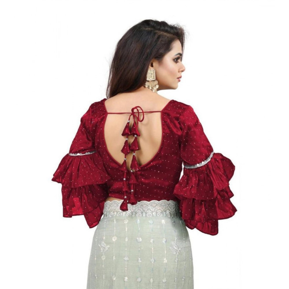 Seduva Women's Organza Solid V Neck Layered Ruffle Sleeve Readymade Blouse (Maroon Free Size , up to 38–40 Bust)-PID65854
