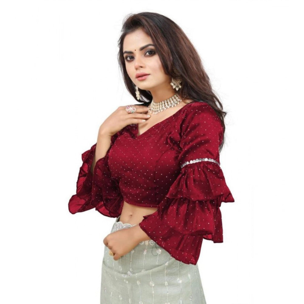 Seduva Women's Organza Solid V Neck Layered Ruffle Sleeve Readymade Blouse (Maroon Free Size , up to 38–40 Bust)-PID65854