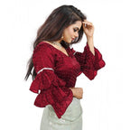 Seduva Women's Organza Solid V Neck Layered Ruffle Sleeve Readymade Blouse (Maroon Free Size , up to 38–40 Bust)-PID65854