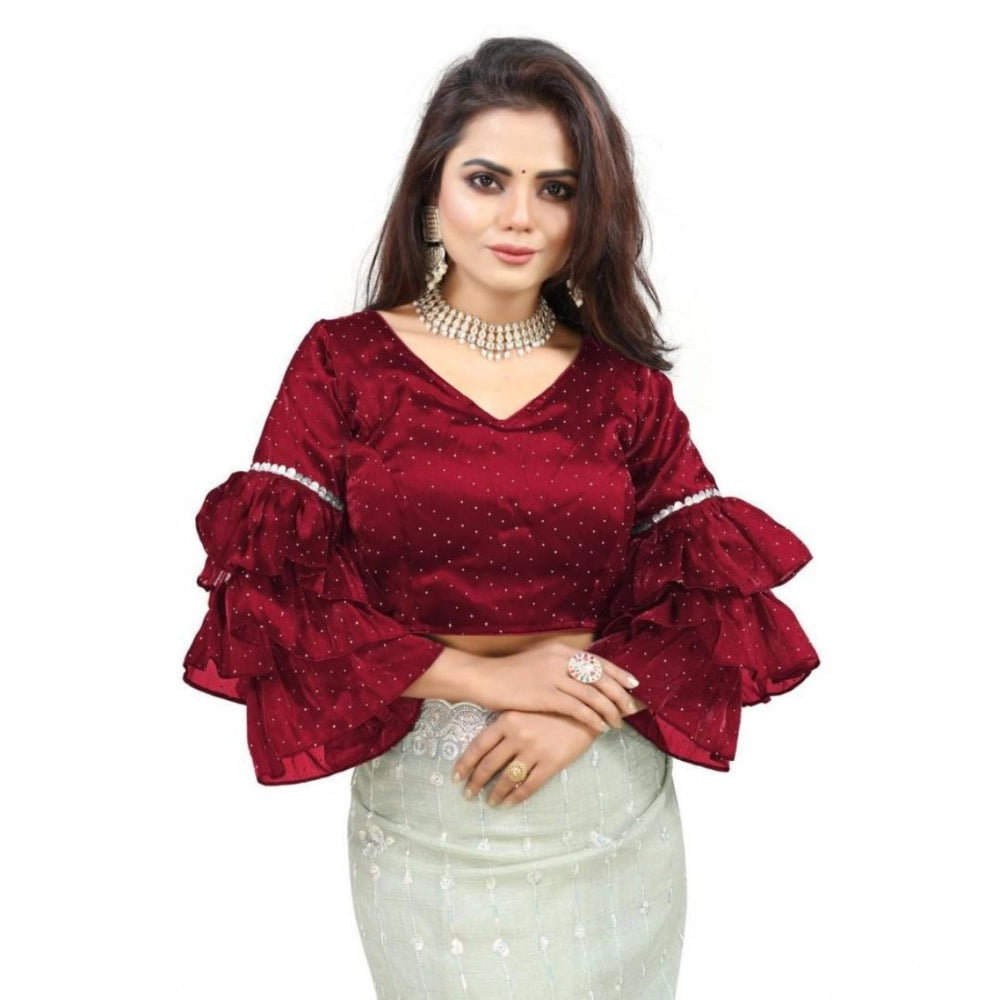 Seduva Women's Organza Solid V Neck Layered Ruffle Sleeve Readymade Blouse (Maroon Free Size , up to 38–40 Bust)-PID65854