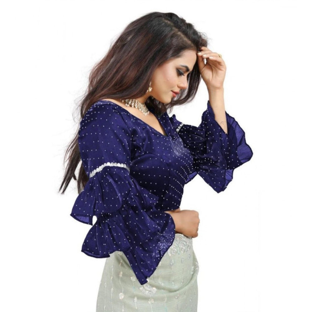 Seduva Women's Organza Solid V Neck Layered Ruffle Sleeve Readymade Blouse (Navy Free Size , up to 38–40 Bust)-PID65855