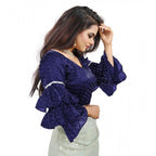 Seduva Women's Organza Solid V Neck Layered Ruffle Sleeve Readymade Blouse (Navy Free Size , up to 38–40 Bust)-PID65855
