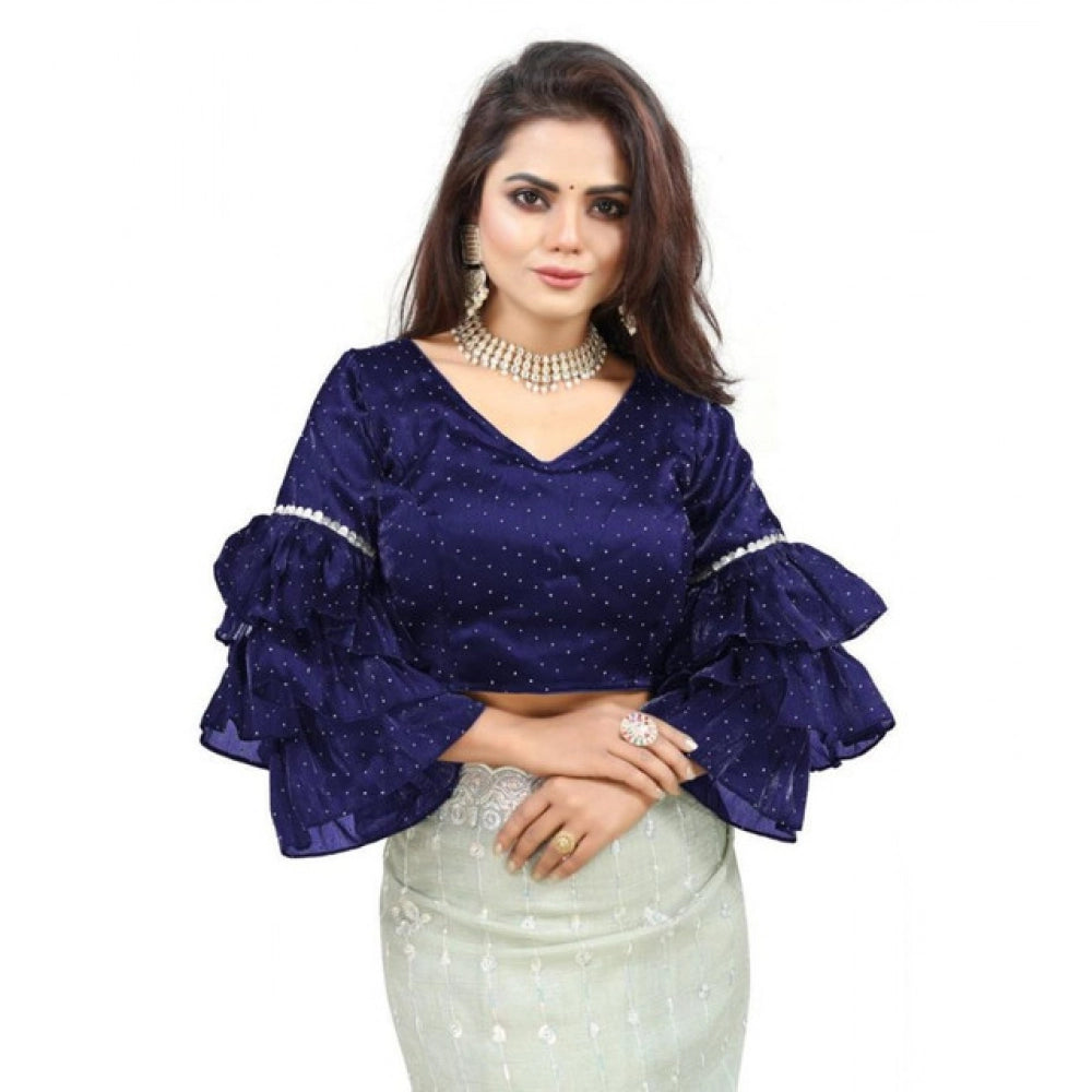 Seduva Women's Organza Solid V Neck Layered Ruffle Sleeve Readymade Blouse (Navy Free Size , up to 38–40 Bust)-PID65855