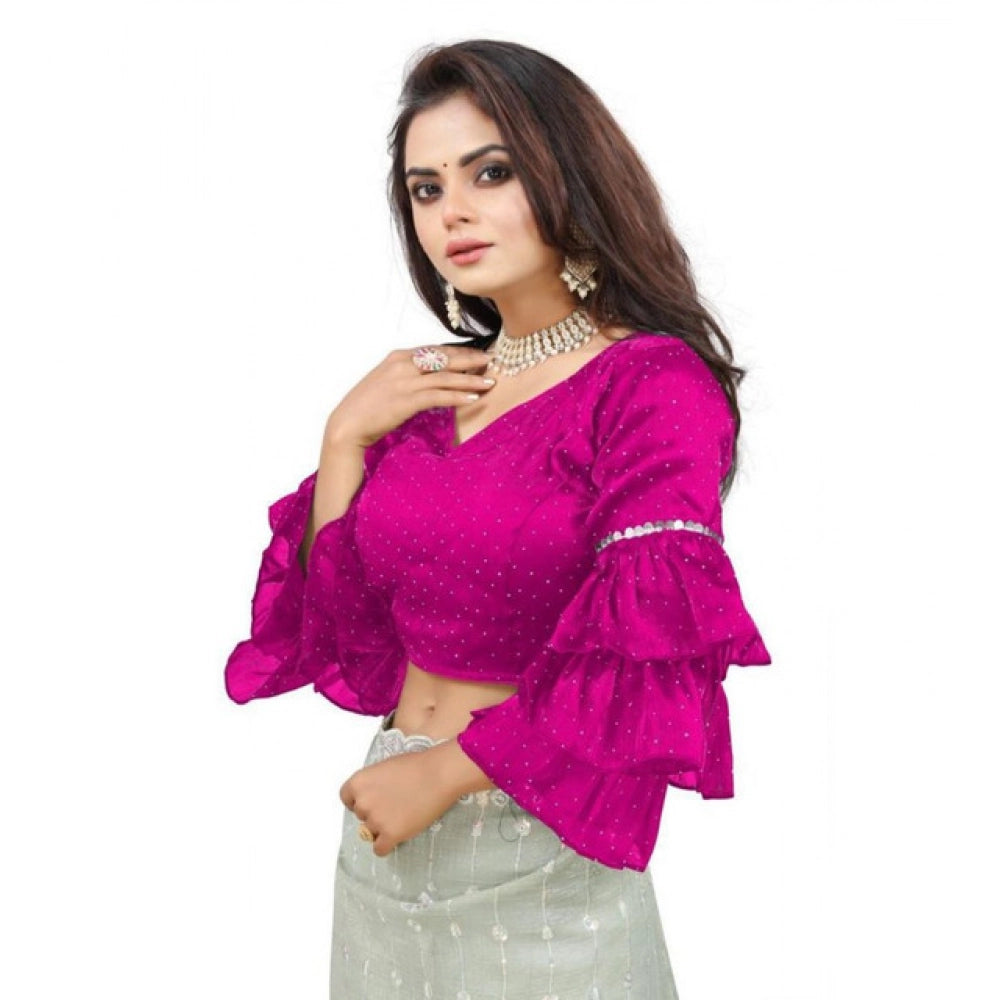 Seduva Women's Organza Solid V Neck Layered Ruffle Sleeve Readymade Blouse (Pink Free Size , up to 38–40 Bust)-PID65856