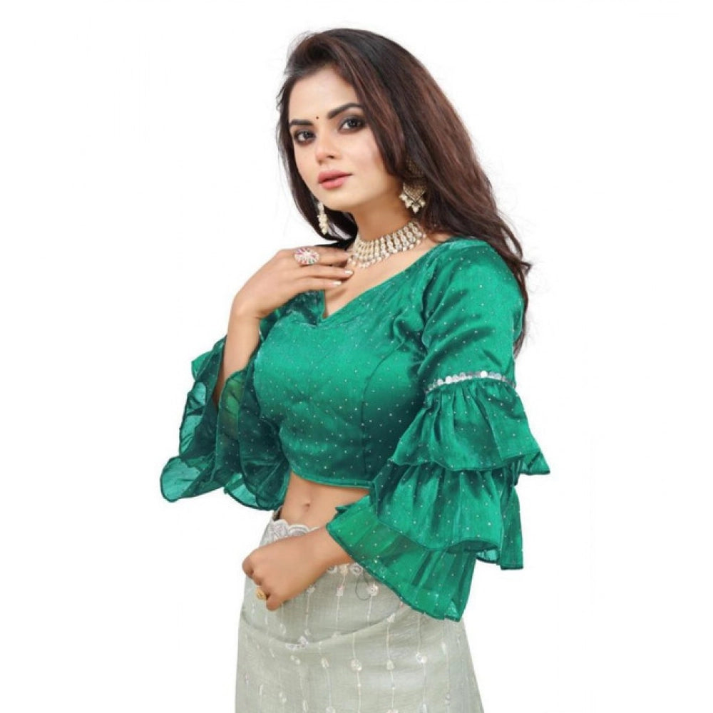 Seduva Women's Organza Solid V Neck Layered Ruffle Sleeve Readymade Blouse (Rama Free Size , up to 38–40 Bust)-PID65857