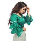 Seduva Women's Organza Solid V Neck Layered Ruffle Sleeve Readymade Blouse (Rama Free Size , up to 38–40 Bust)-PID65857
