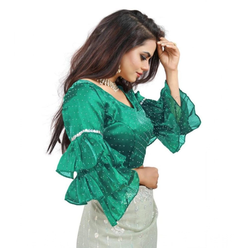 Seduva Women's Organza Solid V Neck Layered Ruffle Sleeve Readymade Blouse (Rama Free Size , up to 38–40 Bust)-PID65857