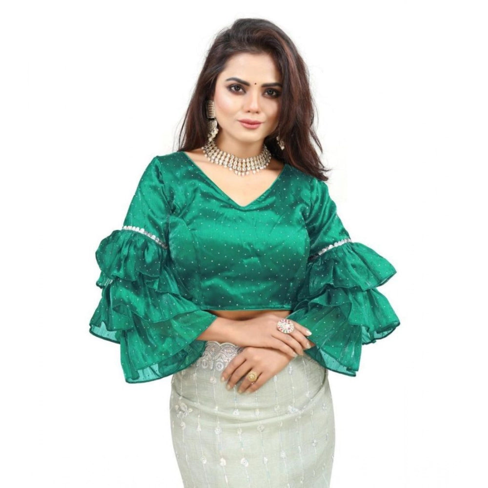 Seduva Women's Organza Solid V Neck Layered Ruffle Sleeve Readymade Blouse (Rama Free Size , up to 38–40 Bust)-PID65857