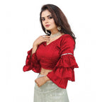 Seduva Women's Organza Solid V Neck Layered Ruffle Sleeve Readymade Blouse (Red Free Size , up to 38–40 Bust)-PID65858